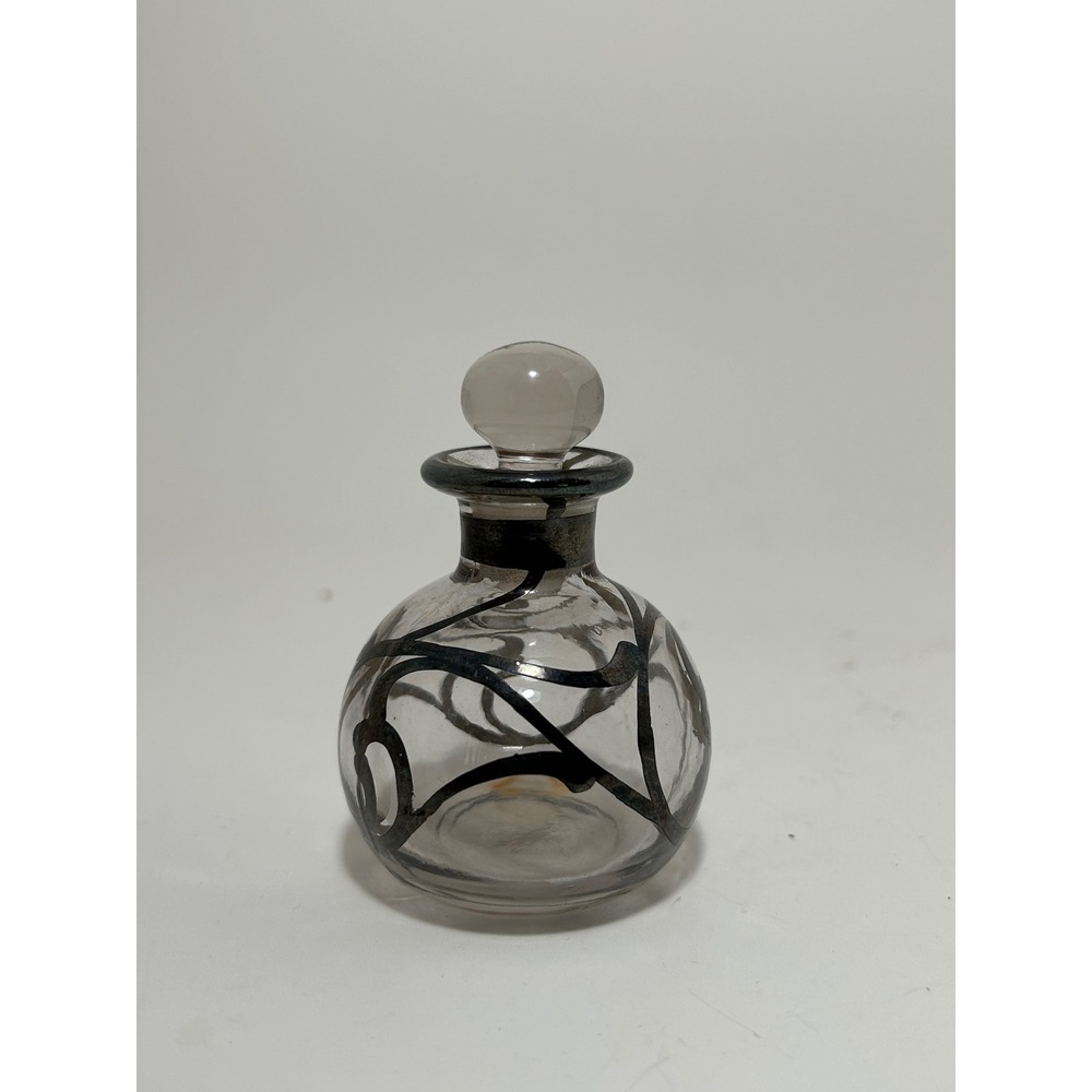 Vintage Art Nouveau Silver Overlay‎ Clear Glass Perfume Bottle with Stopper - Picture 2 of 6